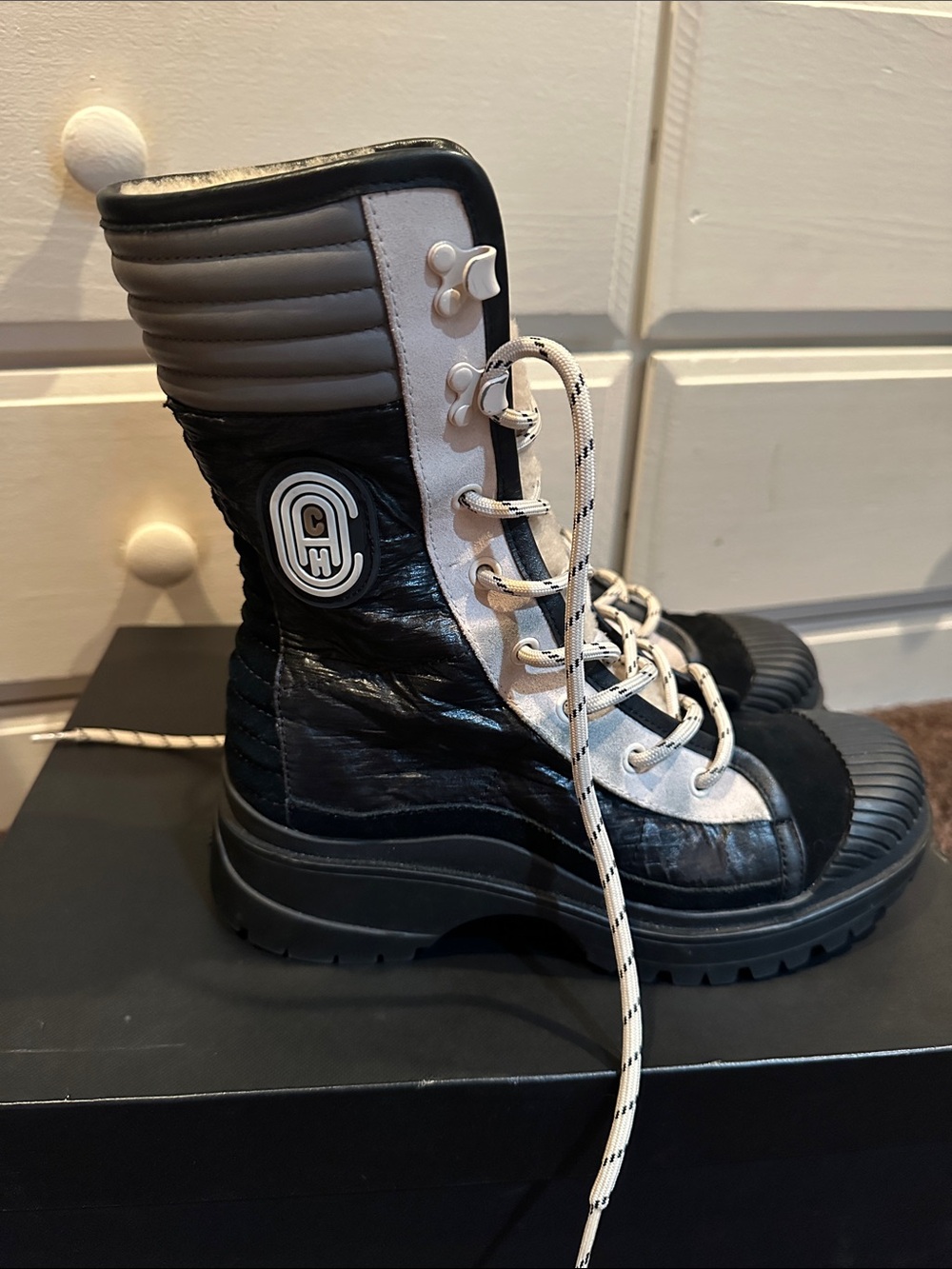 Coach Black and White Lace-Up Women's Combat Boots